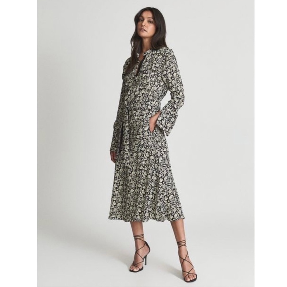 Reiss Micah black and ecru floral button belted shirtdress